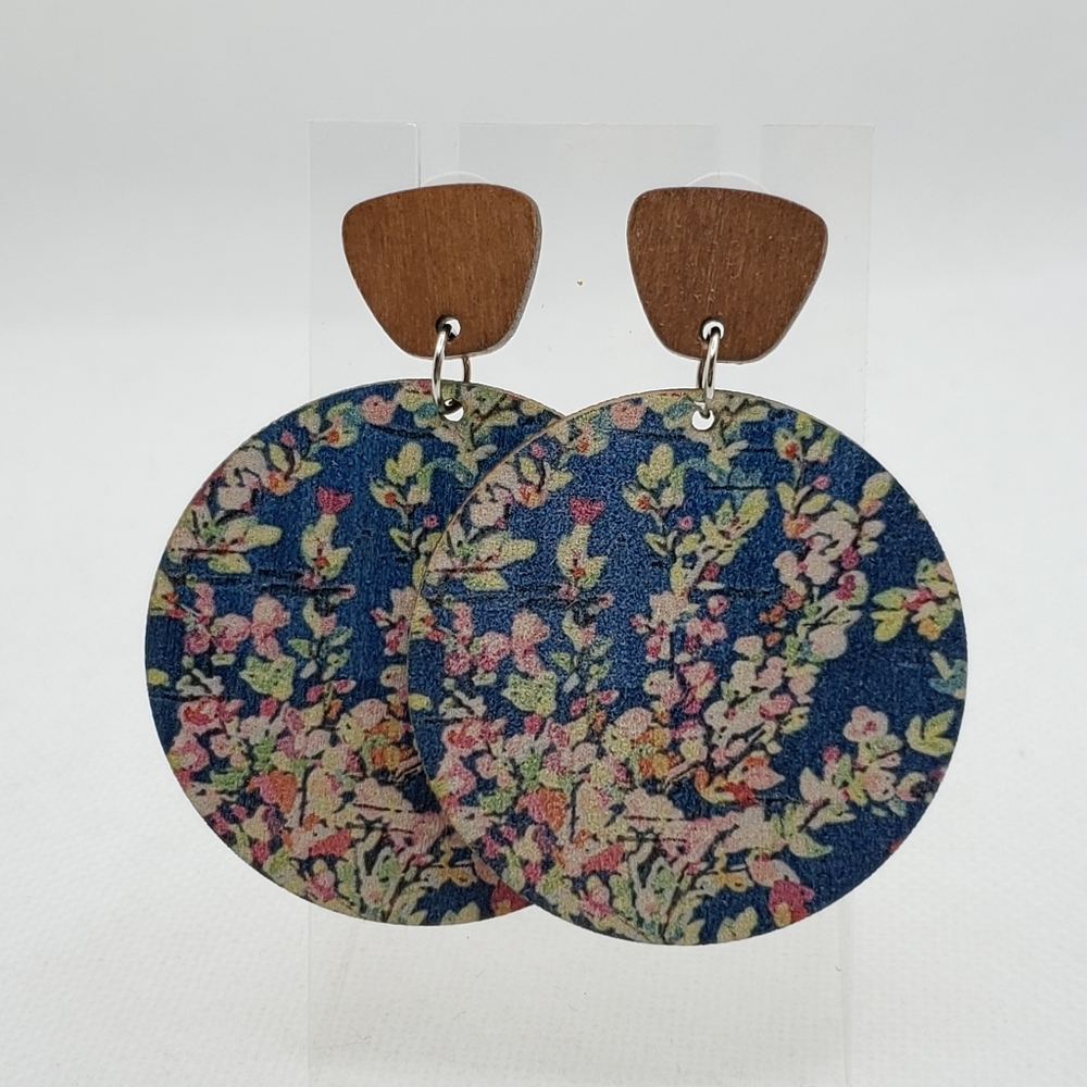 Wood Floral Blue and Brown Earrings